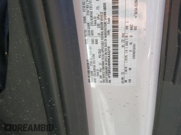 2024 Ford Transit Cargo with VIN 1FTBR3U89RKA32219, listed as a Copart auction lot 43834925 with 11,691 mi miles and Salvage title. Bid and sale history available at DreamBid. Image 15.