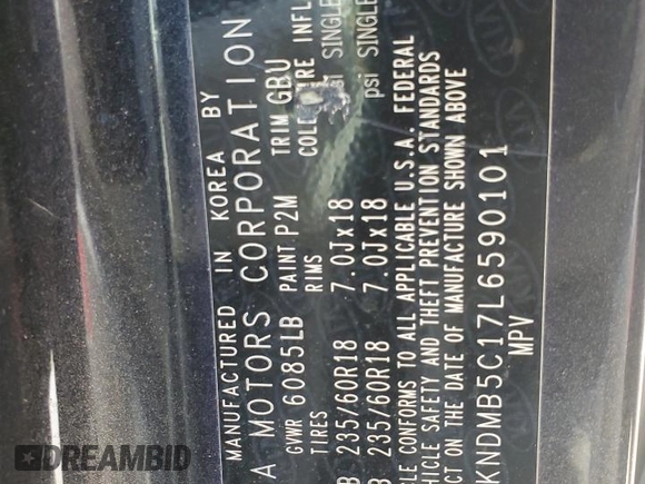 2020 Kia Sedona LX with VIN KNDMB5C17L6590101, listed as a Copart auction lot 46798405 with 101,064 mi miles and Salvage Title. Bid and sale history available at carsss.com. Image 13.