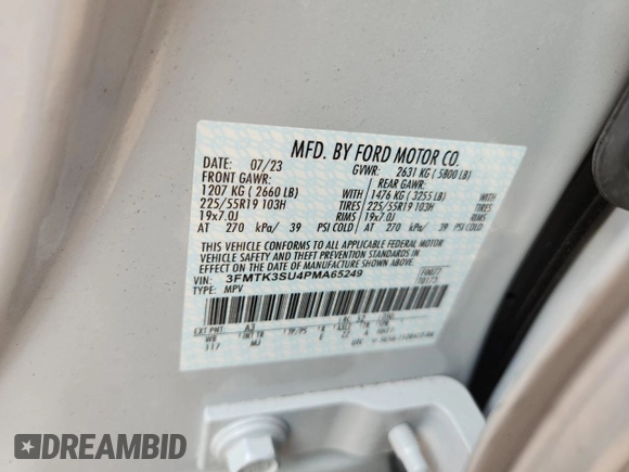 2023 Ford Mustang Mach-E Premium с VIN 3FMTK3SU4PMA65249, выставлен на аукционе Copart как лот 60512785 с пробегом 14 554 миль миль и Списание • Salvage title. История ставок и продаж доступна на DreamBid. Изображение 13.