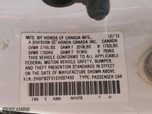 2014 Honda Civic Sedan LX with VIN 2HGFB2F51EH507450, listed as a Copart auction lot 51663335 with 185,305 mi miles and Salvage Title. Bid and sale history available at carsss.com. Image 14.