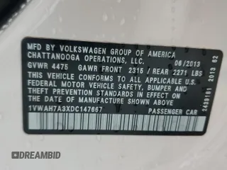2013 Volkswagen Passat Wolfsburg Edition z VIN 1VWAH7A3XDC147667, wystawiony jako Copart lot #56549415 z przebiegiem 76 644 mil mil oraz Szkoda całkowita • Salvage title. Historia ofert i sprzedaży dostępna na DreamBid. Obrazek 12.