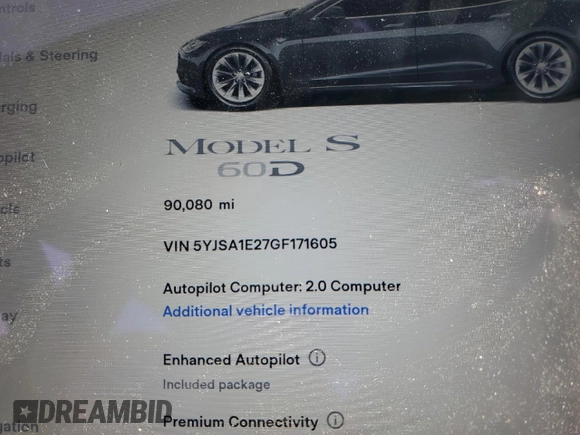 2016 Tesla Model S 90D with VIN 5YJSA1E27GF171605, listed as a Copart auction lot 59608645 with 90,080 mi miles and Salvage title. Bid and sale history available at DreamBid. Image 9.