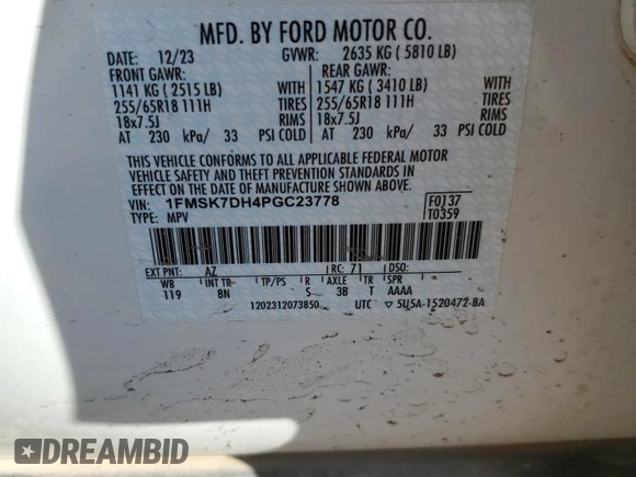 2023 Ford Explorer XLT with VIN 1FMSK7DH4PGC23778, listed as a Copart auction lot 44665345 with 79,783 mi miles and Salvage title. Bid and sale history available at DreamBid. Image 13.