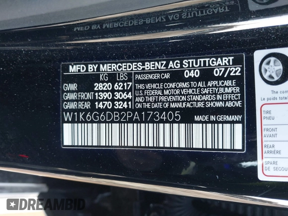 2023 Mercedes-Benz S-Class S 500 with VIN W1K6G6DB2PA173405, listed as a IAAI auction lot 41238647 with 8,825 mi miles. Bid and sale history available at carsss.com. Image 9.