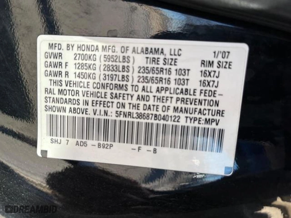 2007 Honda Odyssey EX-L with VIN 5FNRL38687B040122, listed as a Copart auction lot 46553815 with 154,017 mi miles and Clean Title. Bid and sale history available at carsss.com. Image 10.