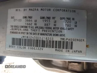 2003 Mazda Protege with VIN JM1BJ245031218333, listed as a IAAI auction lot 42070471 with 181,748 mi miles and . Bid and sale history available at DreamBid. Image 9.