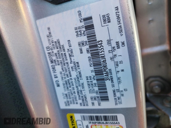 2018 Ford Fusion Titanium with VIN 3FA6P0RU6JR155543, listed as a Copart auction lot 46081033 with 76,466 mi miles and . Bid and sale history available at DreamBid. Image 12.