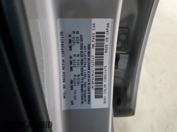 2025 Mazda 3 S Preferred with VIN JM1BPACM4S1763547, listed as a Copart auction lot 87384014 with Not Provided miles and Salvage Title. Bid and sale history available at DreamBid. Image 12.