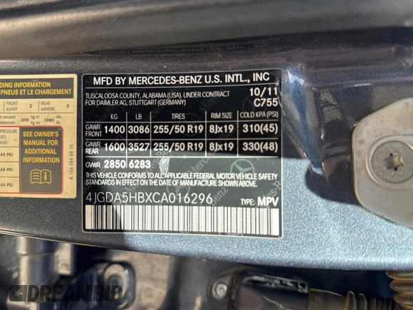 2012 Mercedes-Benz M 350 with VIN 4JGDA5HBXCA016296, listed as a Copart auction lot 56324565 with 168,514 mi miles and Clean Title. Bid and sale history available at DreamBid. Image 10.