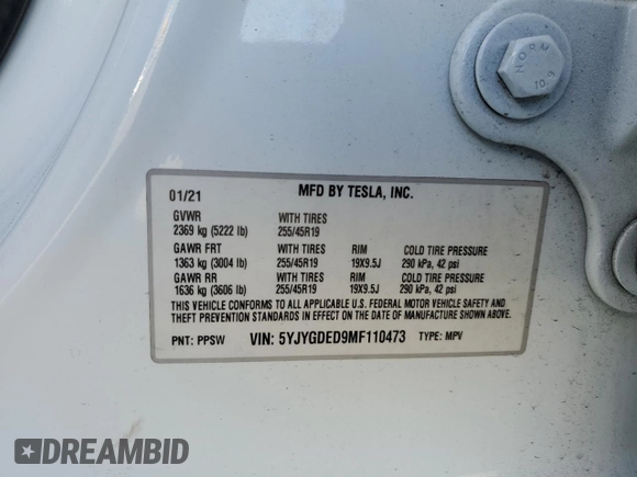 2021 Tesla Model Y Standard Range z VIN 5YJYGDED9MF110473, wystawiony jako Copart lot #53850085 z przebiegiem 46 242 mil mil oraz Szkoda całkowita • Salvage title. Historia ofert i sprzedaży dostępna na DreamBid. Obrazek 12.