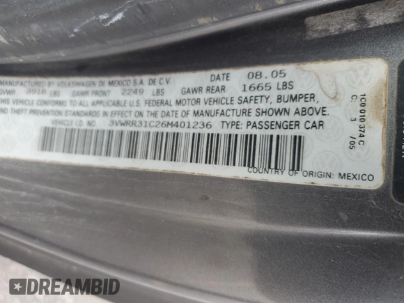 2006 Volkswagen Beetle z VIN 3VWRR31C26M401236, wystawiony jako Copart lot #72189394 z przebiegiem Nie podano mil oraz Szkoda całkowita • Salvage title. Historia ofert i sprzedaży dostępna na DreamBid. Obrazek 12.
