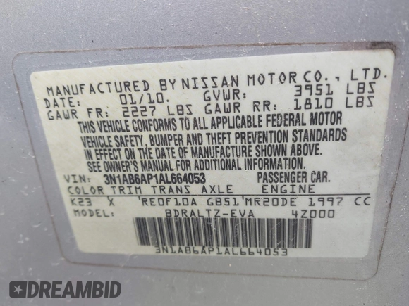 2010 Nissan Sentra SR with VIN 3N1AB6AP1AL664053, listed as a IAAI auction lot 41270242 with Not Provided miles and . Bid and sale history available at DreamBid. Image 9.