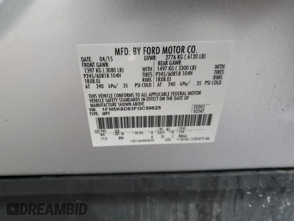 2015 Ford Explorer XLT with VIN 1FM5K8D83FGC59625, listed as a Copart auction lot 48740495 with 58,549 mi miles and Salvage Title. Bid and sale history available at carsss.com. Image 14.