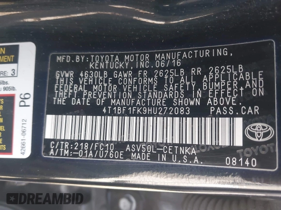 2017 Toyota Camry XLE with VIN 4T1BF1FK9HU272083, listed as a IAAI auction lot 41744530 with 152,458 mi miles. Bid and sale history available at carsss.com. Image 9.