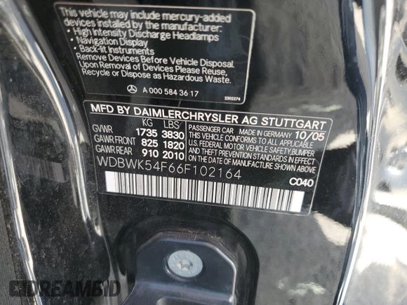 2006 Mercedes-Benz SLK-Class 3.0L with VIN WDBWK54F66F102164, listed as a Copart auction lot 77269014 with 135,786 mi miles and Salvage Title. Bid and sale history available at carsss.com. Image 13.