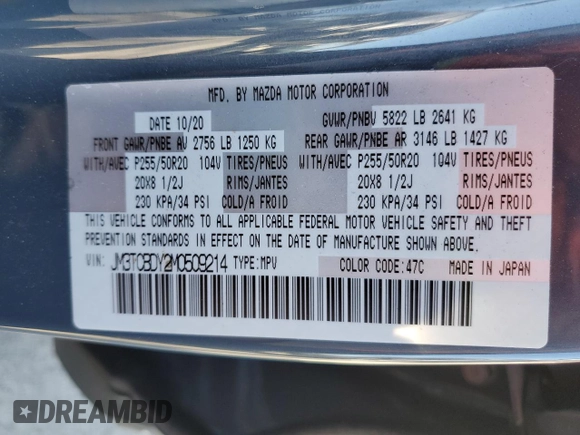 2021 Mazda CX-9 Grand Touring with VIN JM3TCBDY2M0509214, listed as a Copart auction lot 49925585 with 58,870 mi miles and Salvage Title. Bid and sale history available at carsss.com. Image 14.