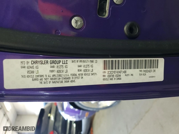 2013 Dodge Challenger R/T with VIN 2C3CDYBT4DH671488, listed as a Copart auction lot 52051375 with 0 mi miles and Salvage Title. Bid and sale history available at carsss.com. Image 13.