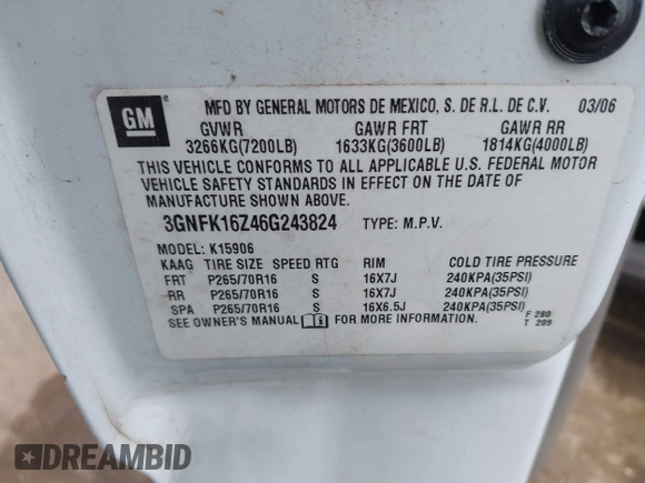 2006 Chevrolet Suburban Z71 with VIN 3GNFK16Z46G243824, listed as a IAAI auction lot 41910730 with 252,496 mi miles and . Bid and sale history available at DreamBid. Image 9.