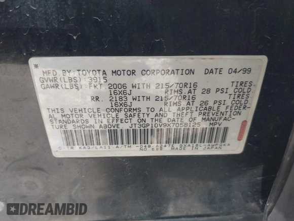 1999 Toyota RAV4 with VIN JT3GP10V9X7058125, listed as a IAAI auction lot 42056633 with 247,015 mi miles and . Bid and sale history available at DreamBid. Image 9.