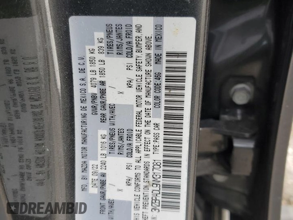 2022 Mazda 3 Premium with VIN 3MZBPADL9NM317081, listed as a Copart auction lot 84498934 with 54,591 mi miles and Salvage Title. Bid and sale history available at DreamBid. Image 12.