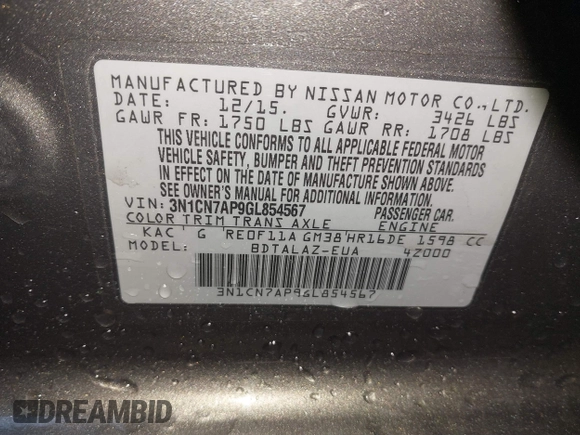 2016 Nissan Versa S z VIN 3N1CN7AP9GL854567, wystawiony jako IAAI lot #41830318 z przebiegiem 122 884 mil mil oraz . Historia ofert i sprzedaży dostępna na DreamBid. Obrazek 9.