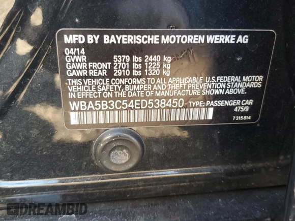 2014 BMW 5 Series 535i xDrive with VIN WBA5B3C54ED538450, listed as a Copart auction lot 48173485 with 74,056 mi miles and Salvage Title. Bid and sale history available at carsss.com. Image 12.
