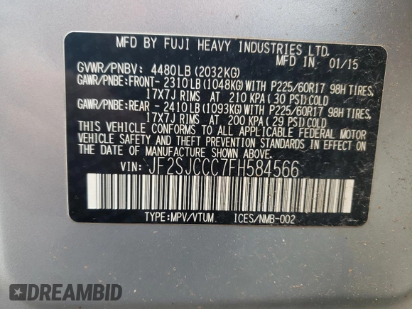2015 Subaru Forester 2.5i Premium with VIN JF2SJCCC7FH584566, listed as a Copart auction lot 82832874 with 169,609 mi miles and Salvage Title. Bid and sale history available at carsss.com. Image 14.
