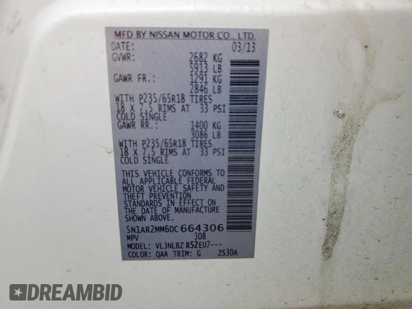 2013 Nissan Pathfinder S with VIN 5N1AR2MM6DC664306, listed as a Copart auction lot 45597835 with 176,144 mi miles and Clean Title. Bid and sale history available at carsss.com. Image 12.