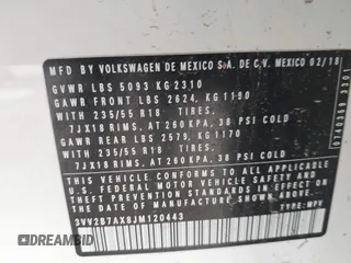 2018 Volkswagen Tiguan SEL with VIN 3VV2B7AX8JM120443, listed as a IAAI auction lot 42154773 with 70,256 mi miles and . Bid and sale history available at DreamBid. Image 9.