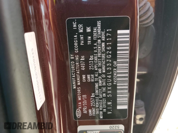 2018 Kia Optima EX with VIN 5XXGU4L33JG261171, listed as a Copart auction lot 75410104 with 66,357 mi miles and Salvage Title. Bid and sale history available at carsss.com. Image 14.