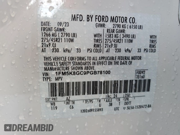 2023 Ford Explorer ST with VIN 1FM5K8GC9PGB78100, listed as a Copart auction lot 42204435 with 14,517 mi miles and Salvage Title. Bid and sale history available at carsss.com. Image 14.