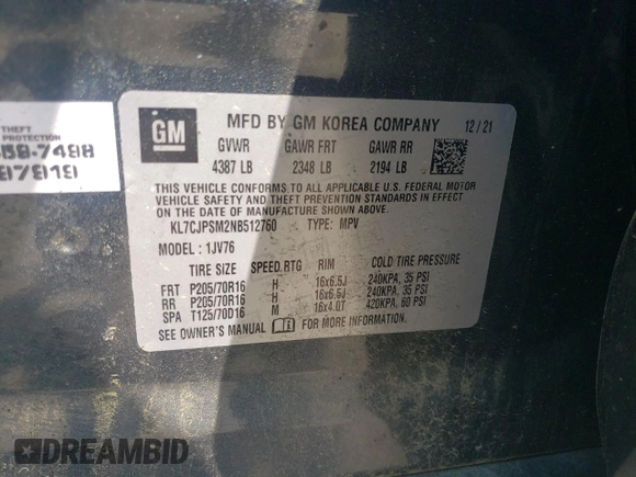 2022 Chevrolet Trax LT with VIN KL7CJPSM2NB512760, listed as a Copart auction lot 60433355 with 165,387 mi miles and Salvage title. Bid and sale history available at DreamBid. Image 13.