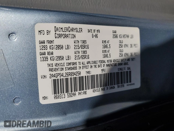 2006 Chrysler Town & Country LWB Touring with VIN 2A4GP54L26R894250, listed as a Copart auction lot 76059914 with 214,912 mi miles and Clean Title. Bid and sale history available at carsss.com. Image 13.