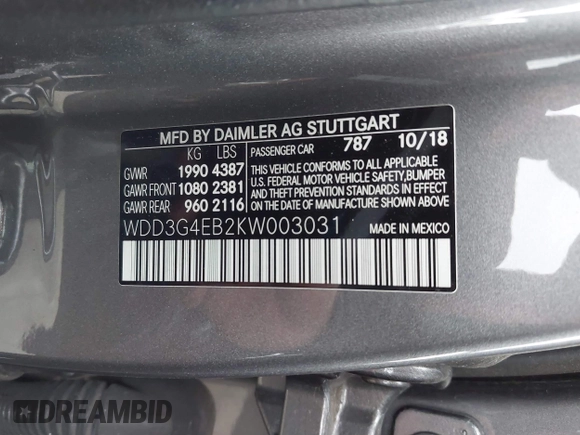 2019 Mercedes-Benz A 220 with VIN WDD3G4EB2KW003031, listed as a IAAI auction lot 41509460 with 22,515 mi miles and . Bid and sale history available at DreamBid. Image 9.