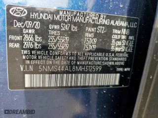 2021 Hyundai Santa Fe Limited with VIN 5NMS44AL8MH312599, listed as a Copart auction lot 50538215 with 66,483 mi miles and Salvage Title. Bid and sale history available at carsss.com. Image 12.