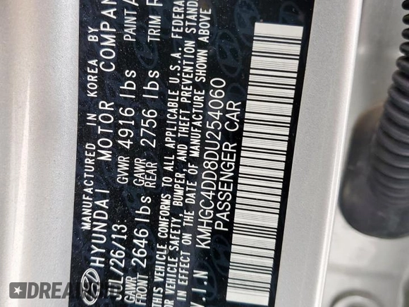 2013 Hyundai Genesis 3.8L z VIN KMHGC4DD8DU254060, wystawiony jako Copart lot #57619505 z przebiegiem 21 210 mil mil oraz Szkoda całkowita • Salvage title. Historia ofert i sprzedaży dostępna na DreamBid. Obrazek 12.