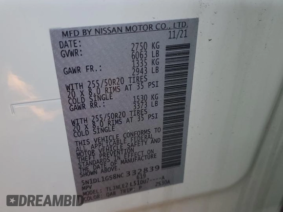 2022 Infiniti QX60 Sensory with VIN 5N1DL1GS8NC332839, listed as a Copart auction lot 85265524 with 7,863 mi miles and Salvage title. Bid and sale history available at DreamBid. Image 12.