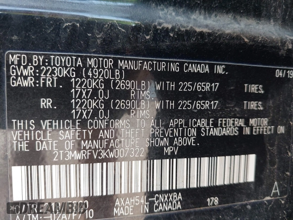 2019 Toyota RAV4 Hybrid LE with VIN 2T3MWRFV3KW007322, listed as a IAAI auction lot 42032500 with 91,985 mi miles and . Bid and sale history available at DreamBid. Image 9.