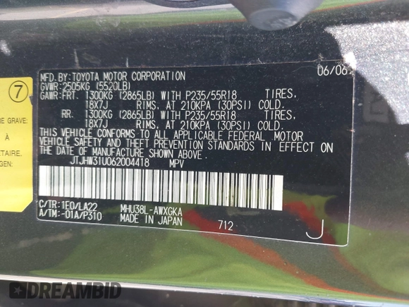 2006 Lexus RX 400h with VIN JTJHW31U062004418, listed as a IAAI auction lot 42730795 with 211,974 mi miles and . Bid and sale history available at DreamBid. Image 9.