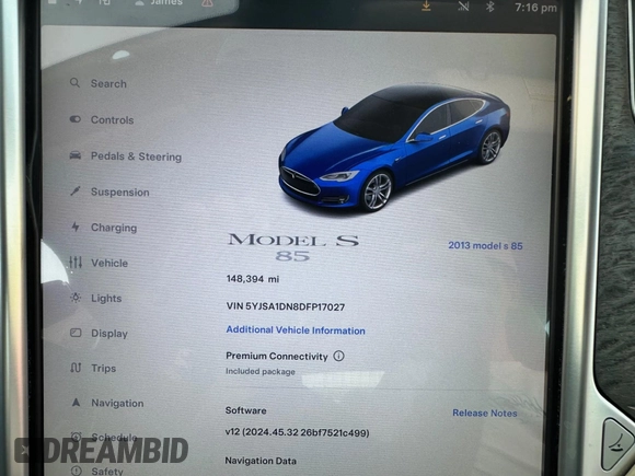 2013 Tesla Model S with VIN 5YJSA1DN8DFP17027, listed as a IAAI auction lot 42168317 with 148,394 mi miles. Bid and sale history available at carsss.com. Image 7.