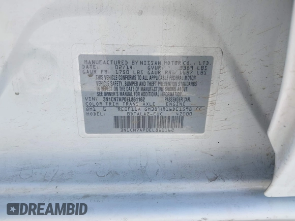 2014 Nissan Versa SV with VIN 3N1CN7AP0EL861162, listed as a IAAI auction lot 41871833 with 118,934 mi miles. Bid and sale history available at carsss.com. Image 9.
