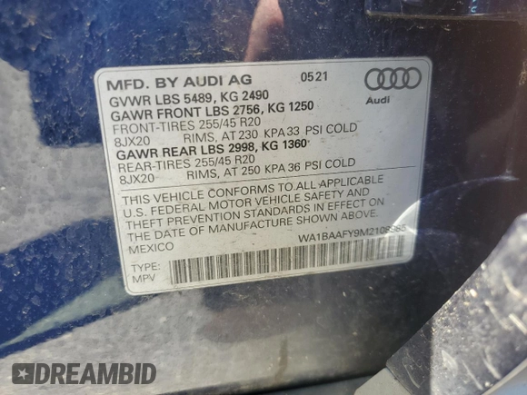 2021 Audi Q5 Premium Plus with VIN WA1BAAFY9M2108985, listed as a Copart auction lot 61656745 with 57,572 mi miles and Salvage title. Bid and sale history available at DreamBid. Image 14.