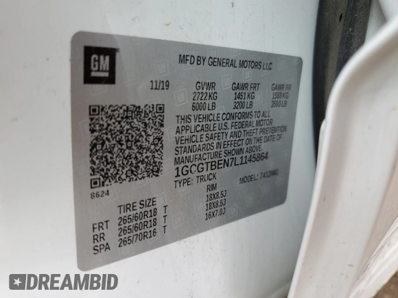 2020 Chevrolet Colorado 4WD Work Truck with VIN 1GCGTBEN7L1145864, listed as a Copart auction lot 57436645 with 111,994 mi miles and Salvage title. Bid and sale history available at DreamBid. Image 13.