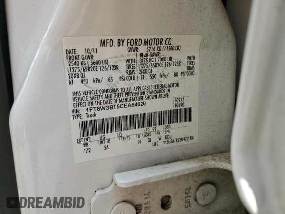 2012 Ford F-350 XL с VIN 1FT8W3BT5CEA64620, выставлен на аукционе Copart как лот 62420904 с пробегом Не указан миль и Списание • Salvage title. История ставок и продаж доступна на DreamBid. Изображение 13.