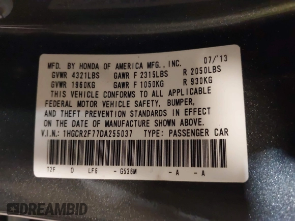 2013 Honda Accord EX с VIN 1HGCR2F77DA255037, выставлен на аукционе IAAI как лот 42502142 с пробегом 104 746 миль миль и . История ставок и продаж доступна на DreamBid. Изображение 9.