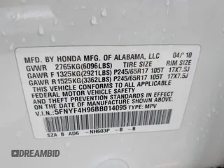 2011 Honda Pilot Touring with VIN 5FNYF4H96BB014095, listed as a IAAI auction lot 41794052 with 202,440 mi miles and . Bid and sale history available at DreamBid. Image 9.