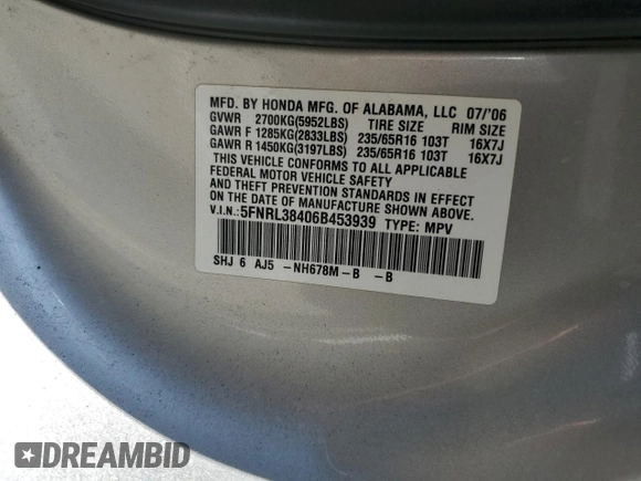 2006 Honda Odyssey EX with VIN 5FNRL38406B453939, listed as a Copart auction lot 62784155 with 86,635 mi miles and Clean title. Bid and sale history available at DreamBid. Image 13.