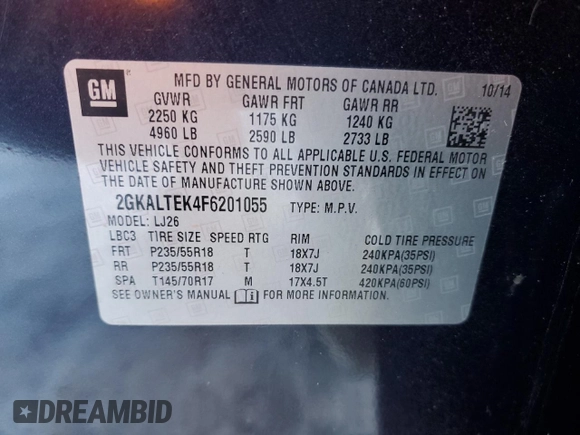 2015 GMC Terrain SLT z VIN 2GKALTEK4F6201055, wystawiony jako Copart lot #88304805 z przebiegiem 94 965 mil mil oraz Szkoda całkowita • Salvage title. Historia ofert i sprzedaży dostępna na DreamBid. Obrazek 13.