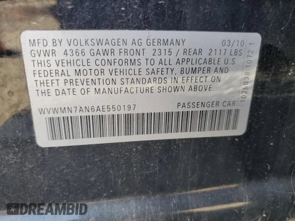 2010 Volkswagen CC Sport with VIN WVWMN7AN6AE550197, listed as a Copart auction lot 76699094 with 99,283 mi miles and Salvage Title. Bid and sale history available at carsss.com. Image 12.
