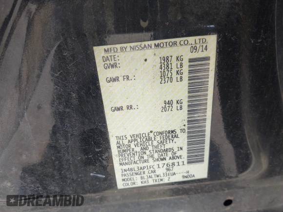 2015 Nissan Altima SL with VIN 1N4BL3AP1FC176811, listed as a IAAI auction lot 40246406 with 146,889 mi miles and . Bid and sale history available at carsss.com. Image 9.